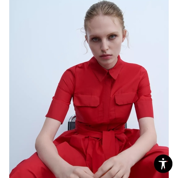 Zara Red Notched Collar Short Sleeve Midi Dress - Picture 3 of 4